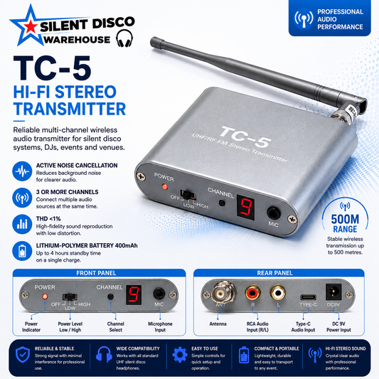 TC-5 Professional Long-Range Silent Disco Transmitter – 500m Range